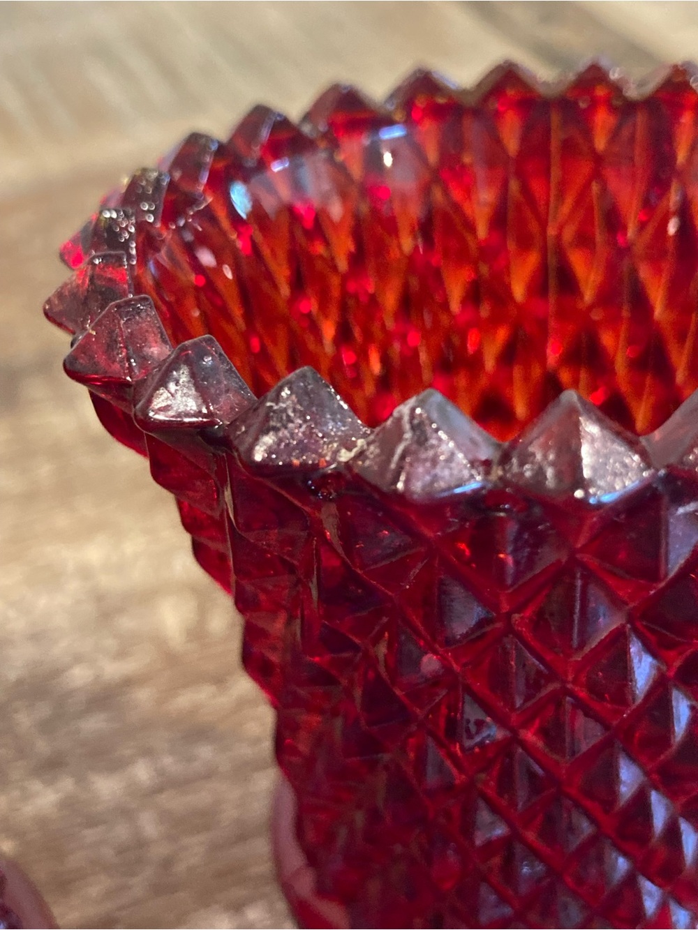 2 Pegged Glass Votive Holders Vintage Red Painted Diamond Pattern 70s-80s Decor - Picture 11 of 13